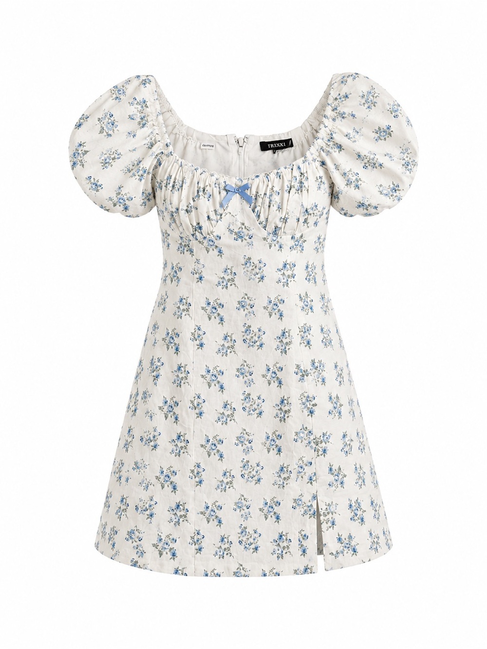 Trixxi White Dress with Blue Floral Print and Puff Sleeves